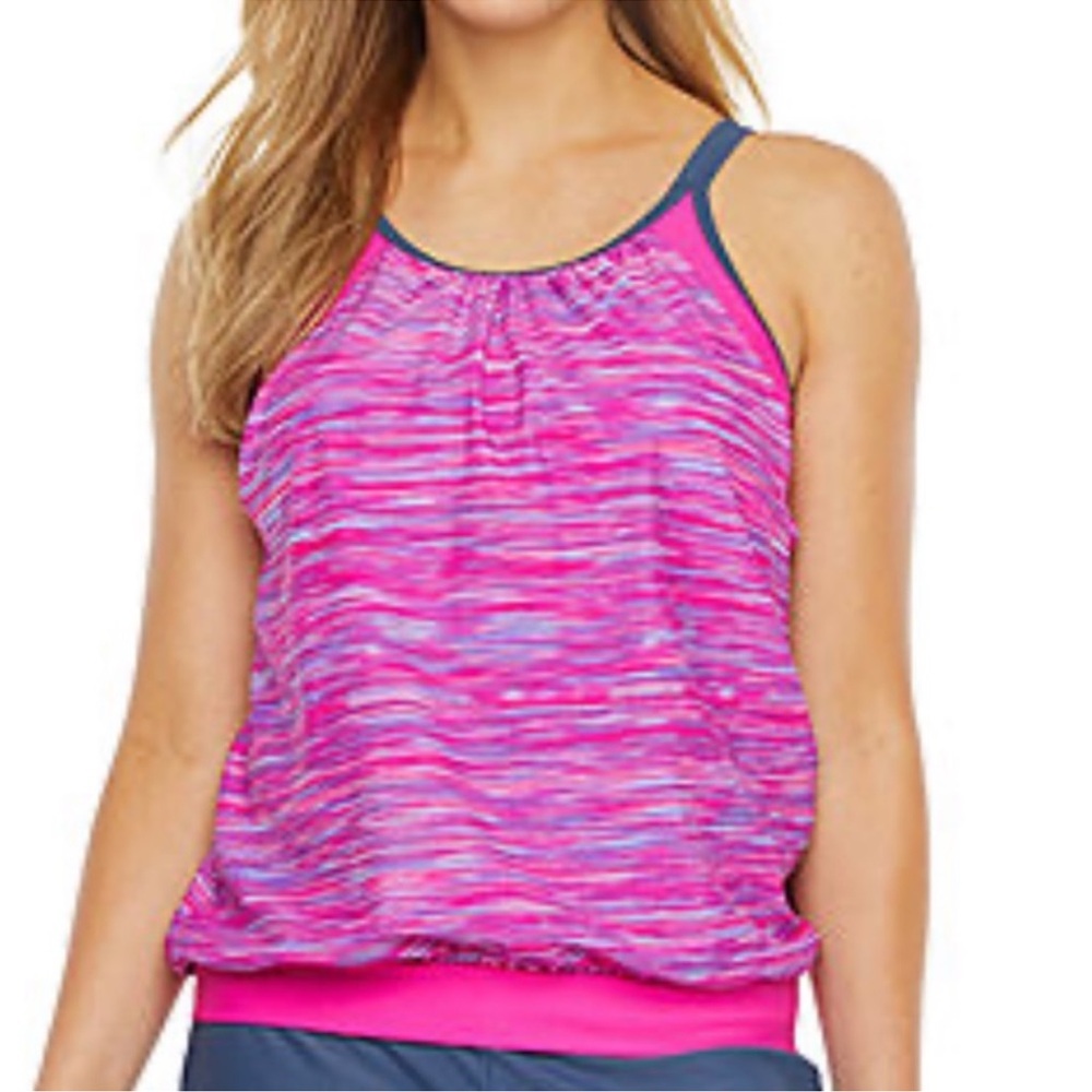 Free Country Striped Tankini Swimsuit Top in Hot Pink and Slate Large )12/14). - Picture 9 of 16